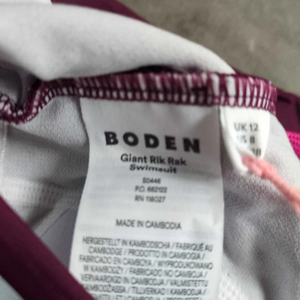 BODEN GIANT RIK RAK SWIMWEAR – WOMEN'S SWIMSUIT, UK 12, PURPLE WITH PINK TRIM