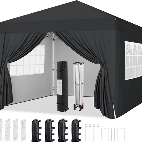BOXED YAHEETECH POP-UP GAZEBO 3X3 WITH 4 REMOVABLE SIDE PANELS, WATER RESISTANT MARQUEE CANOPY WITH WHEELED BAG & SANDBAGS, BLACK