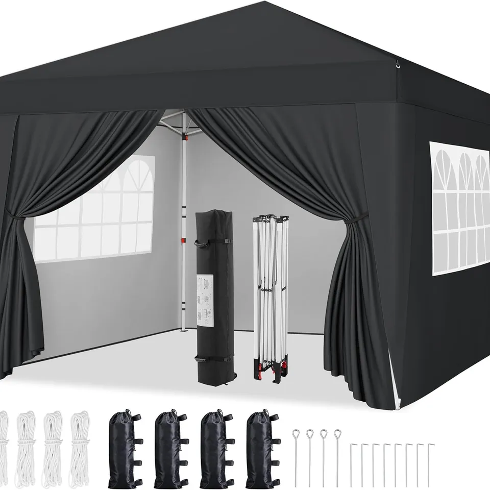 BOXED YAHEETECH POP-UP GAZEBO 3X3 WITH 4 REMOVABLE SIDE PANELS, WATER RESISTANT MARQUEE CANOPY WITH WHEELED BAG & SANDBAGS, BLACK