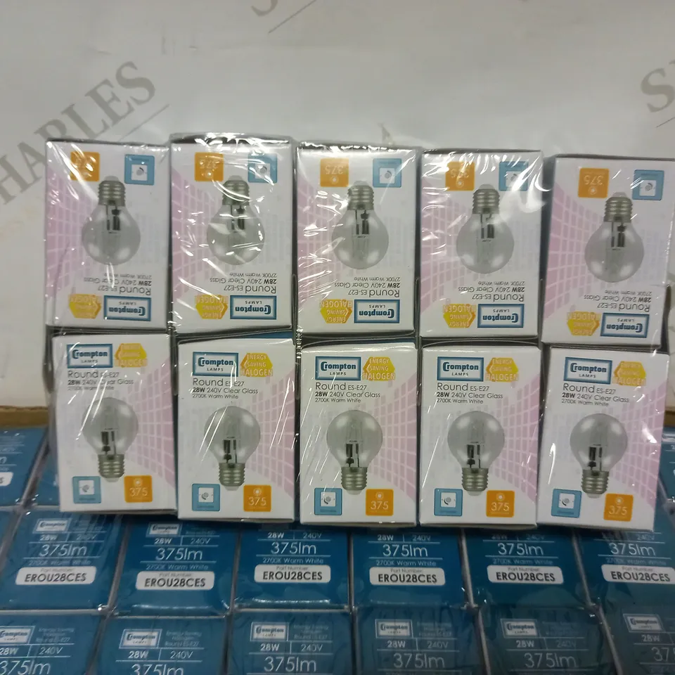 LOT TO CONTAIN 100 CROMPTON ROUND ES-E27 28W 240V CLEAR GLASS 2700K WARM WHITE LIGHT BULBS 