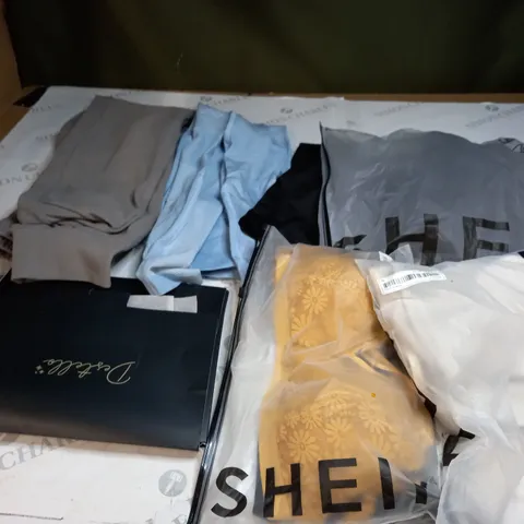 BOX OF ASSORTED CLOTHING ITEMS TOO INCLUDE DRESSES , SHIRTS AND TROUSERS IN VARIOUS SIZES AND COLOURS