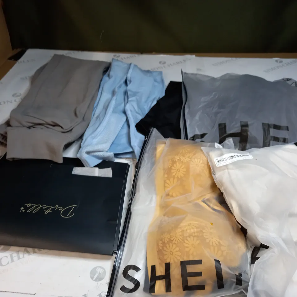  BOX OF ASSORTED CLOTHING ITEMS TOO INCLUDE DRESSES , SHIRTS AND TROUSERS IN VARIOUS SIZES AND COLOURS   