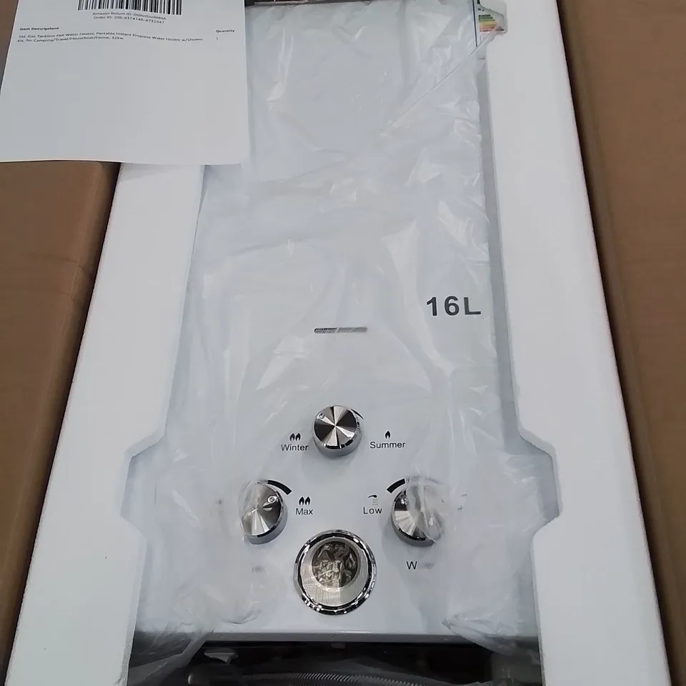 BOXED 16L GAS TANKLESS HOT WATER HEATER, PORTABLE INSTANT PROPANE WATER HEATER FOR BOATS/CAMPING ETC.