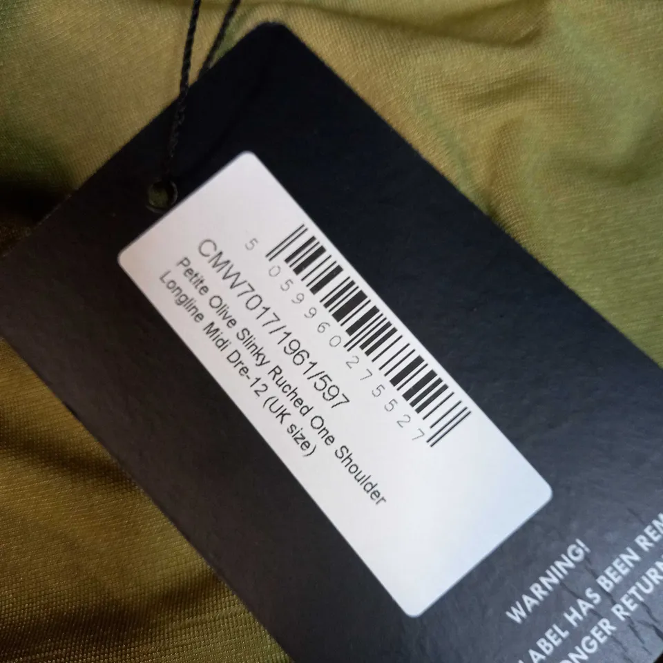PLT OLIVE SLINKY RUCHED ONE SHOULDER LONGLINE MIDI DRESS - SIZE 12 PETITE