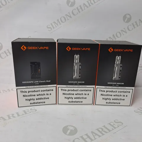 3 ASSORTED GEEKVAPE E-CIGARETTE PRODUCTS TO INCLUDE MAX100, L200 CLASSIC POD