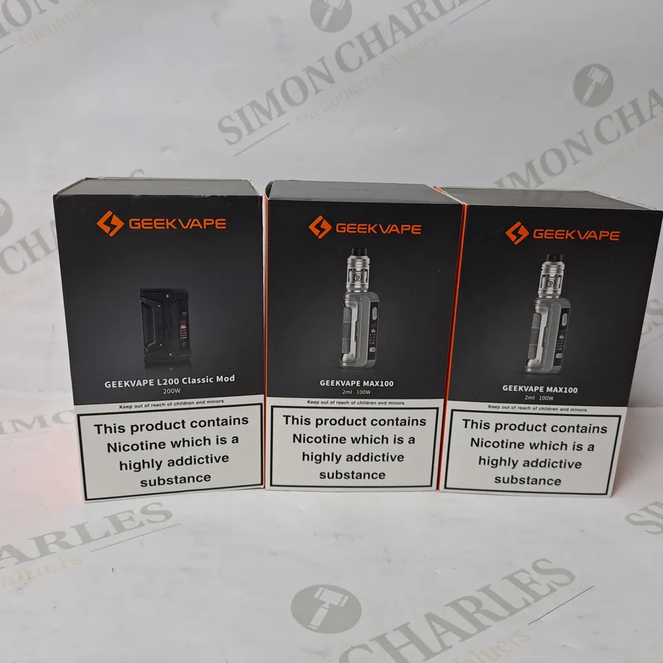 3 ASSORTED GEEKVAPE E-CIGARETTE PRODUCTS TO INCLUDE MAX100, L200 CLASSIC POD 