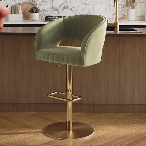 BOXED RUNA CURVED SAGE GREEN VELVET ADJUSTABLE SWIVEL BAR STOOL WITH GOLD METAL BASE