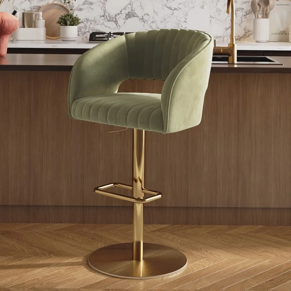 BOXED RUNA CURVED SAGE GREEN VELVET ADJUSTABLE SWIVEL BAR STOOL WITH GOLD METAL BASE