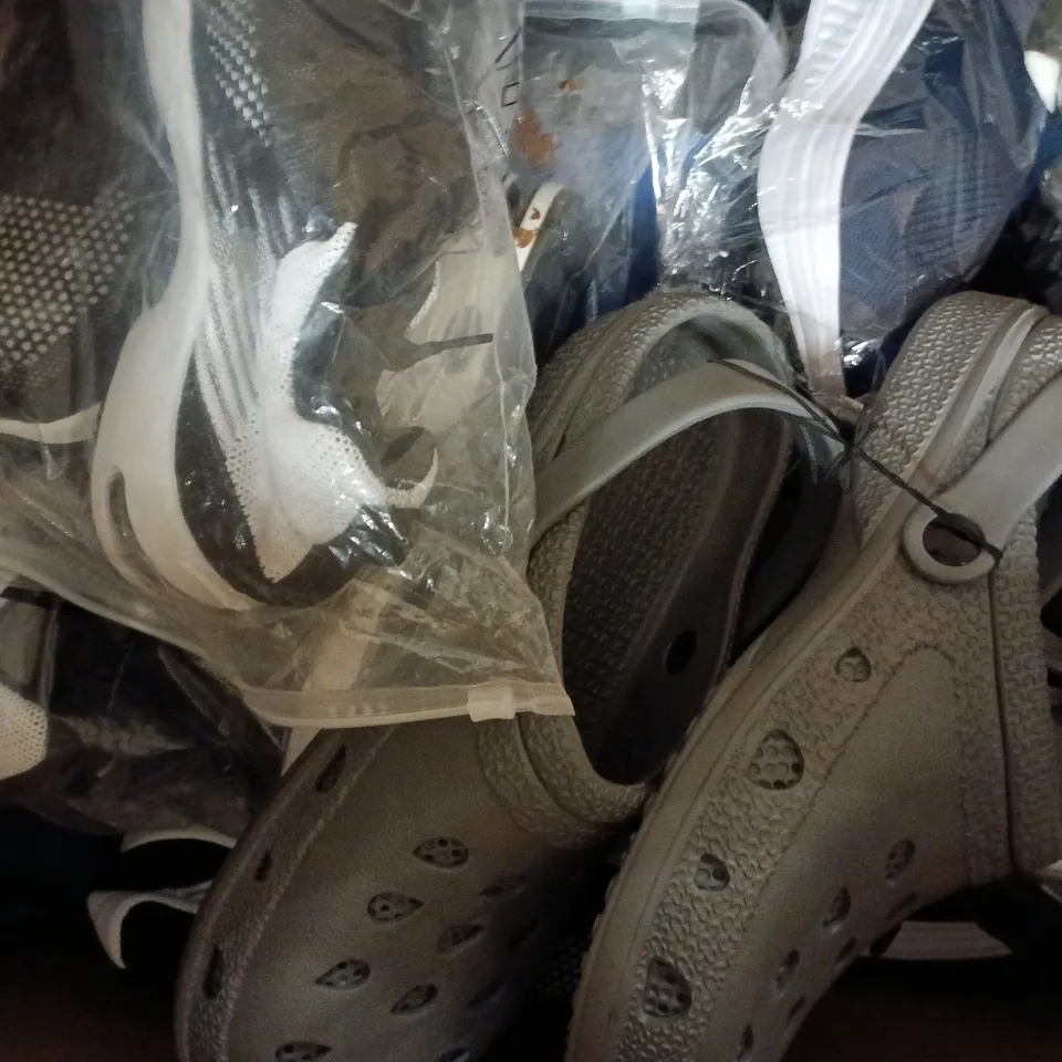 BOX OF APPROXIMATELY 15 ASSORTED PAIRS OF SHOES AND FOOTWEAR ITEMS IN VARIOUS COLOURS, STYLES, AND SIZES - COLLECTION ONLY