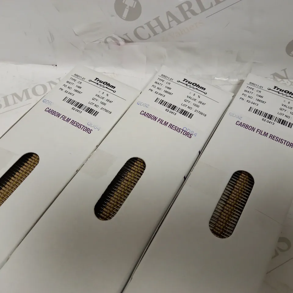 LOT OF APPROXIMATELY 10,000 TRU-OHM CARBON FILM RESISTORS (10 X 1,000PC BOXES)