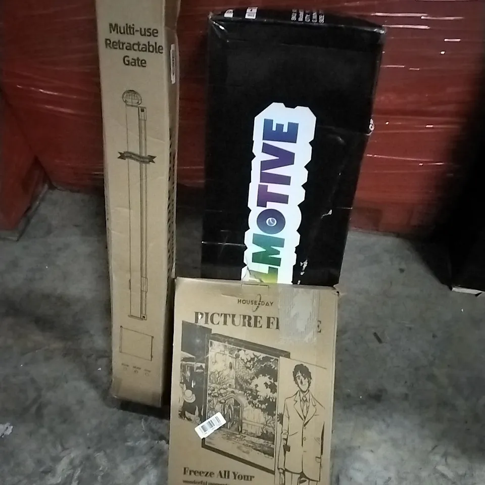 PALLET OF HOUSEHOLD ITEMS TO INCLUDE SCOOTER, PICTURE FRAME, RETRACTABLE GATE AND OTHER ASSORTED ITEMS...