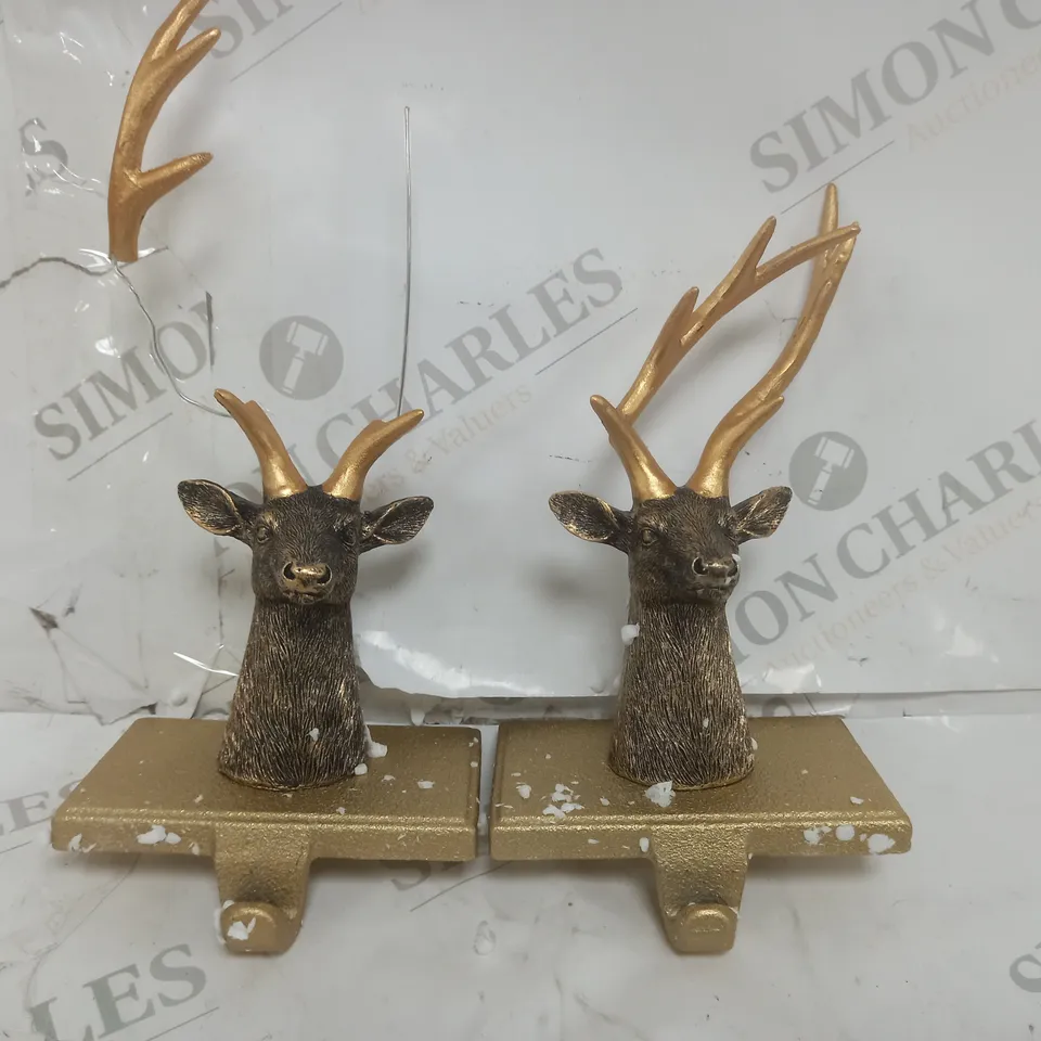 BOXED SET OF TWO ALISON CORK ANIMAL STOCKING HOLDERS - STAG