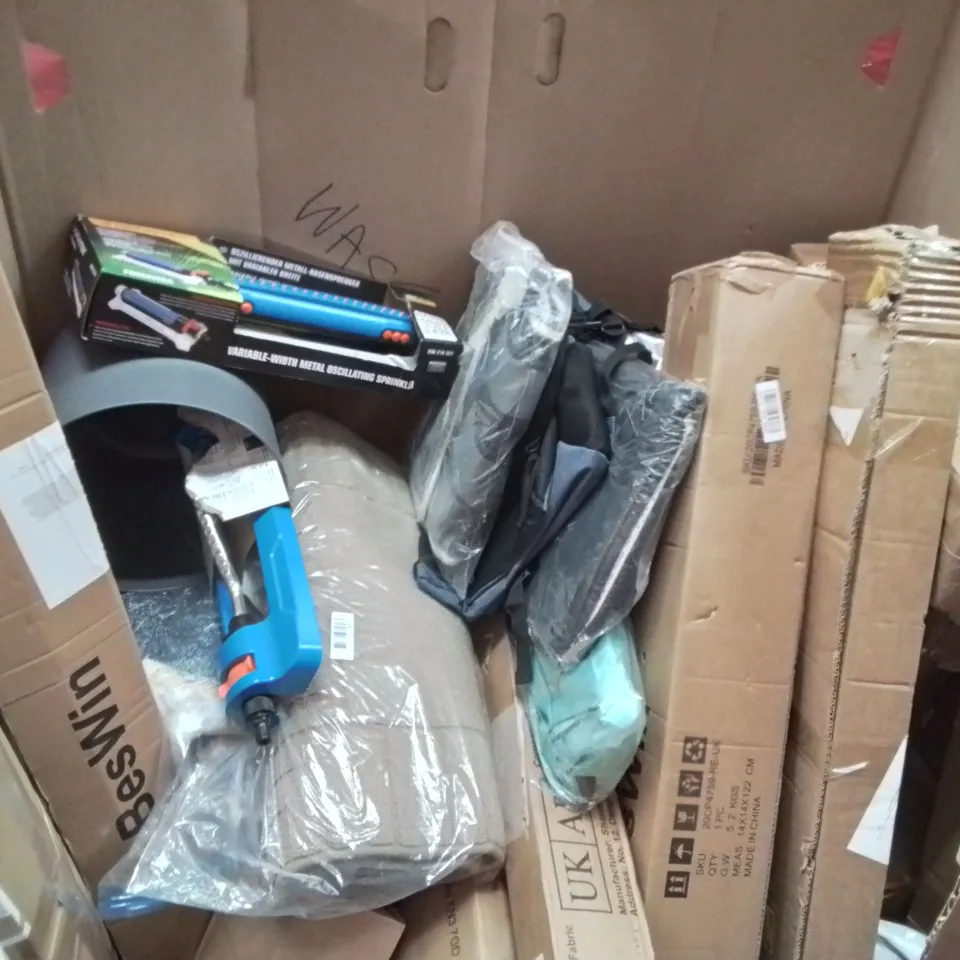 PALLET CONTAINING VARIOUS ASSORTED BOXED HOUSEHOLD ITEMS TO INCLUDE: FABRIC WEED BARRIER, MOSQUITO KILLER, RUGS, SPRINKLER,  DECK CHAIR AND LOTS MORE UNMARKED BOXED ITEMS 