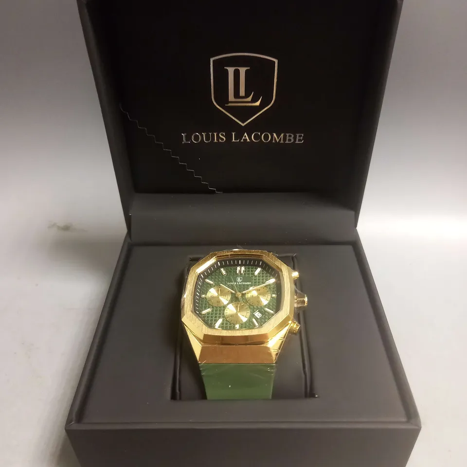 BOXED LOUIS LACOMBE SILICONE WRIST WATCH IN GOLD/GREEN