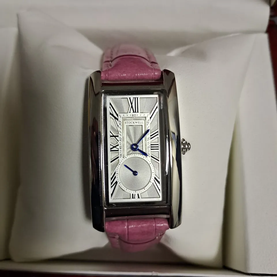 STOCKWELL LADIES WATCH WITH TEXTURED DIAL WITH SUB DIAL MINUTE HAND AND PINK LEATHER STRAP IN GIFT BOX