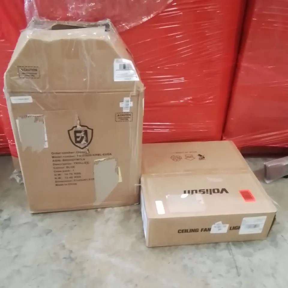 PALLET OF ASSORTED HOUSEHOLD GOODS AND PRODUCTS TO INCLUDE;TROLLEY,CEILING FAN 