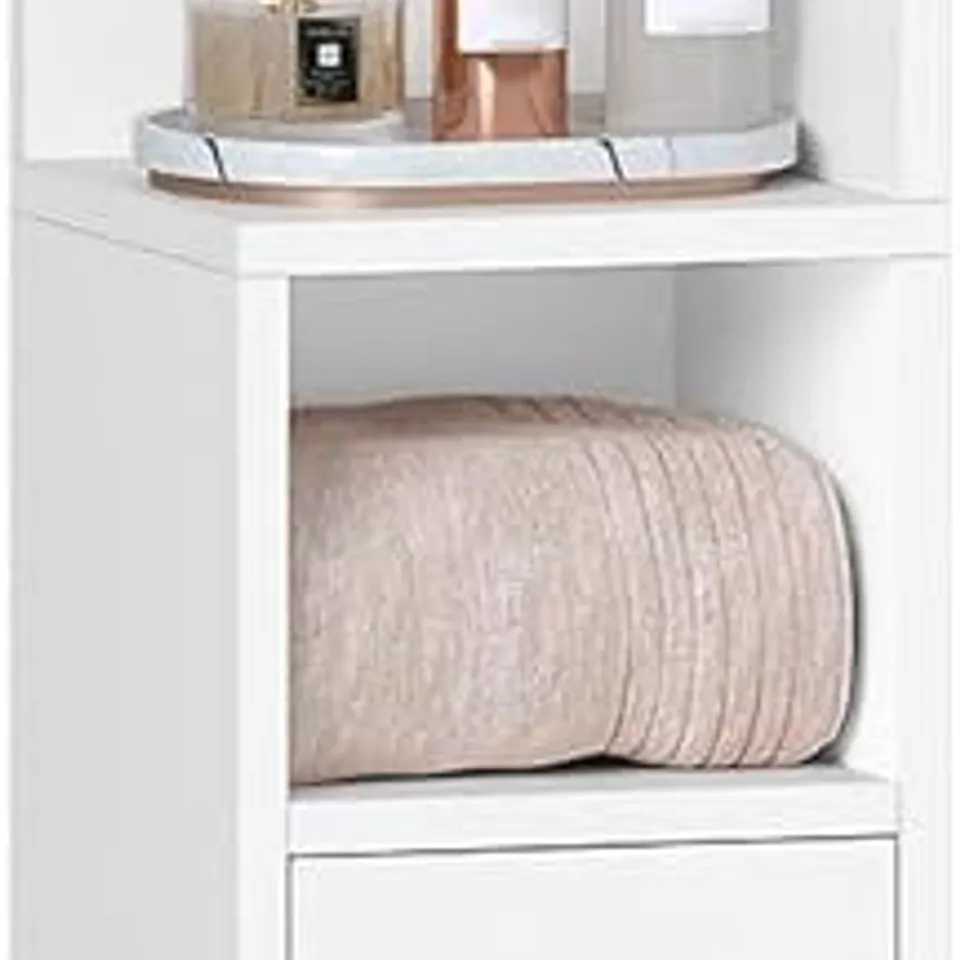 BOXED SLIM BATHROOM STORAGE CABINET, 20 X 20 X 177 CM, WHITE | NARROW BATHROOM STORAGE UNIT, OPEN AND CLOSED DUAL-ZONE DESIGN, ADJUSTABLE SHELVES