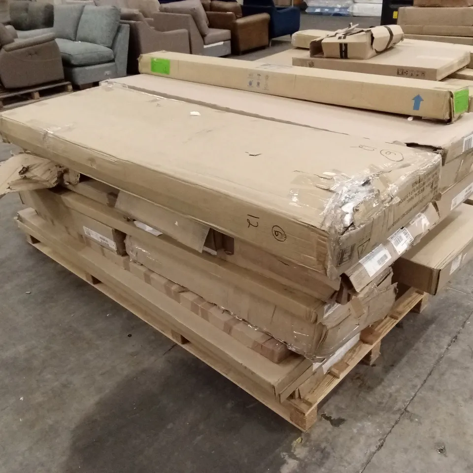 PALLET OF ASSORTED DESIGNER INCOMPLETE FURNITURE PARTS TO INCLUDE; BED FRAME AND WARDROBE PARTS AND PIECES