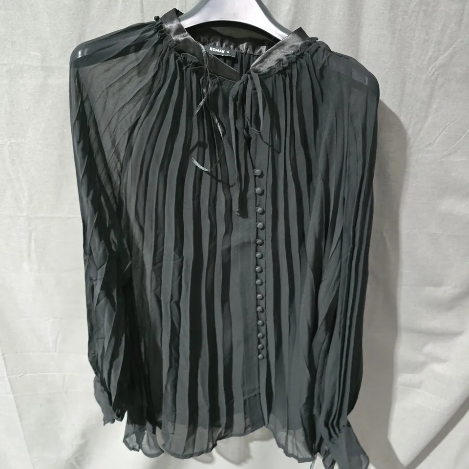 ROMAN BLACK SHEER PLEATED BLOUSE, SIZE UK 16