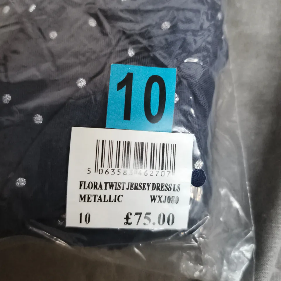 CREW CLOTHING COMPANY FLORA TWIST JERSEY DRESS – METALLIC NAVY, LONG SLEEVE (UK 10)