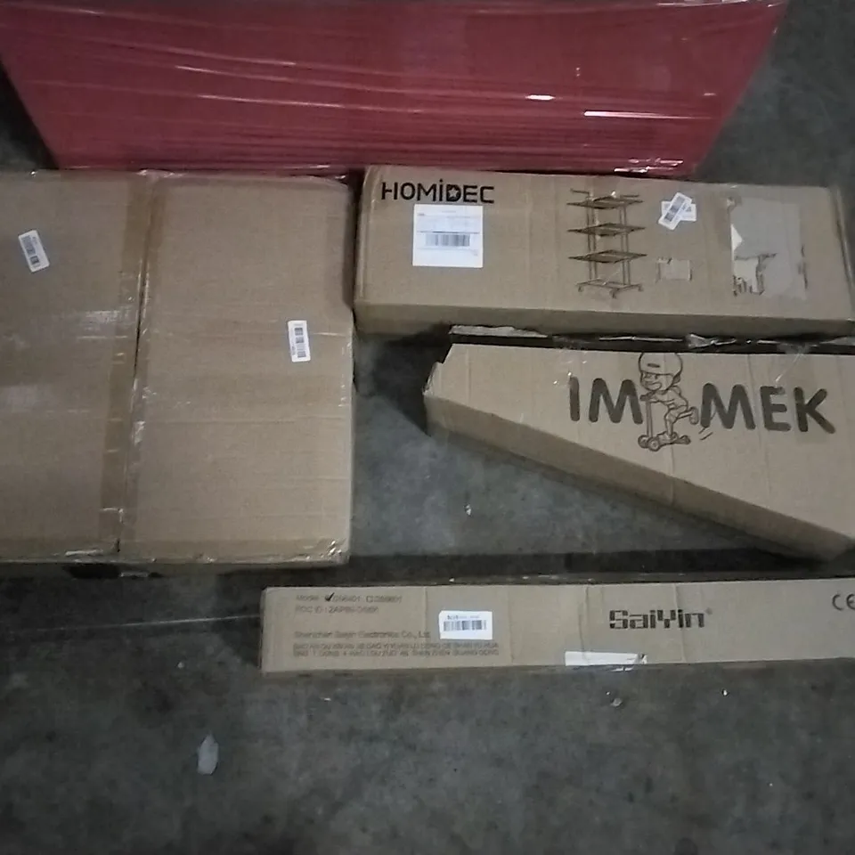 PALLET OF ASSORTED ITEMS INCLUDING YITAHOME OFFICE CHAIR, HOMIDEC CLOTHES RACK, IM MEK KIDS SCOOTER, SAIYIN, NAVARIS FULTIFUCTIONAL MEMOBOARD  