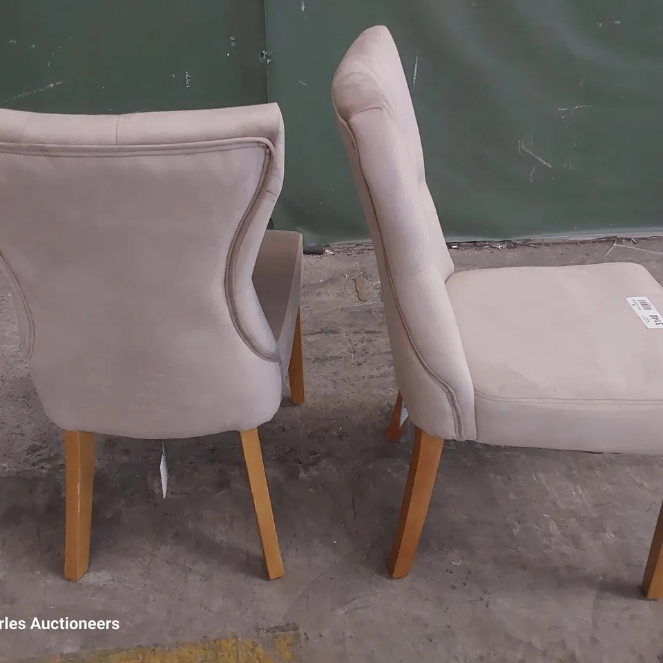 PAIR OF UPHOLSTERED BUTTONED BACK DINING CHAIRS MINK PLUSH FABRIC ON NATURAL WOOD LEGS 
