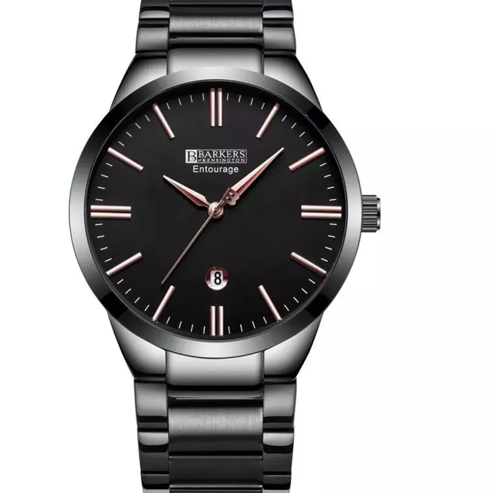 BARKERS OF KENSINGTON ENTOURAGE MENS BLACK DIAL WITH ROSE NUMERALS BRACELET STRAP WRISTWATCH