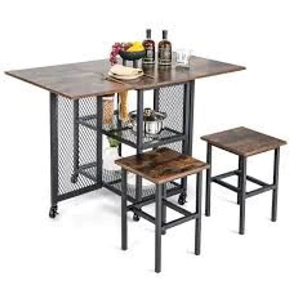 BOXED 3 PIECE FOLDABLE DINING TABLE SET WITH LOCKABLE WHEELS FOR SMALL PLACE 