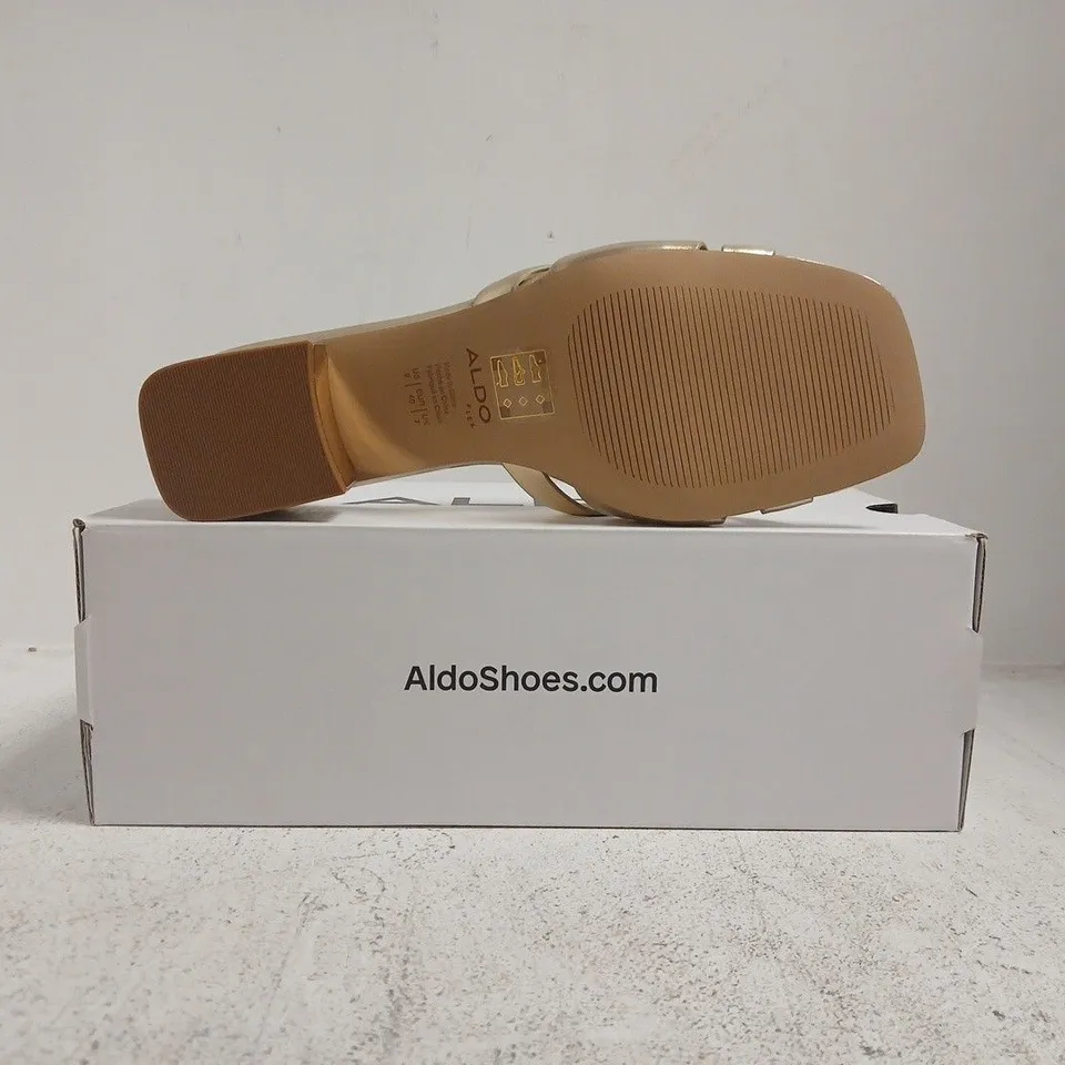 BOXED PAIR OF ALDO OPEN TOE LOW BLOCK HEEL SANDALS IN METALLIC GOLD SIZE UK 7
