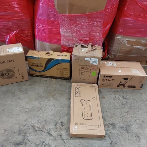 PALLET OF ASSORTED ITEMS INCLUDING: FLOOR FAN, COMPUTER MONITOR, PAPER SHREDDER, DONNA LIKI TRIKE , BATH TRANSFER BOARD