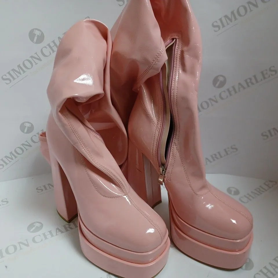 KOI VEGAN THE REDEMPTION PINK STRETCH THIGH HIGH BOOTS - SIZE 6