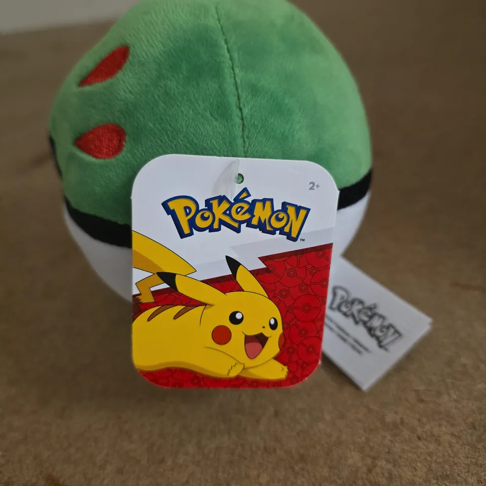 POKÉMON PLUSH BALL WITH PIKACHU TAG – ROUND GREEN/WHITE CUDDLE TOY