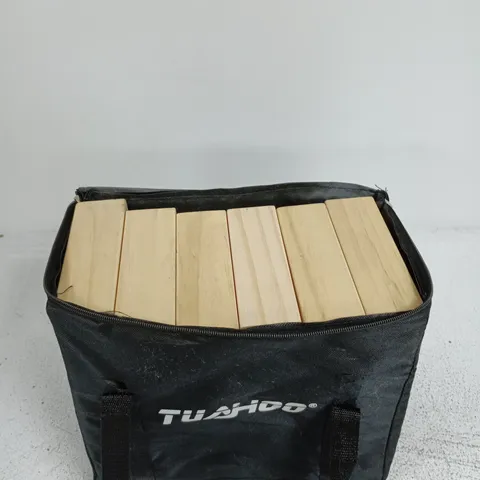 WOODEN BLOCK TUMBLE TOWER GARDEN GAME SET IN BLACK FABRIC CARRY BAG
