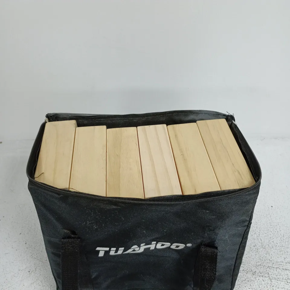 WOODEN BLOCK TUMBLE TOWER GARDEN GAME SET IN BLACK FABRIC CARRY BAG