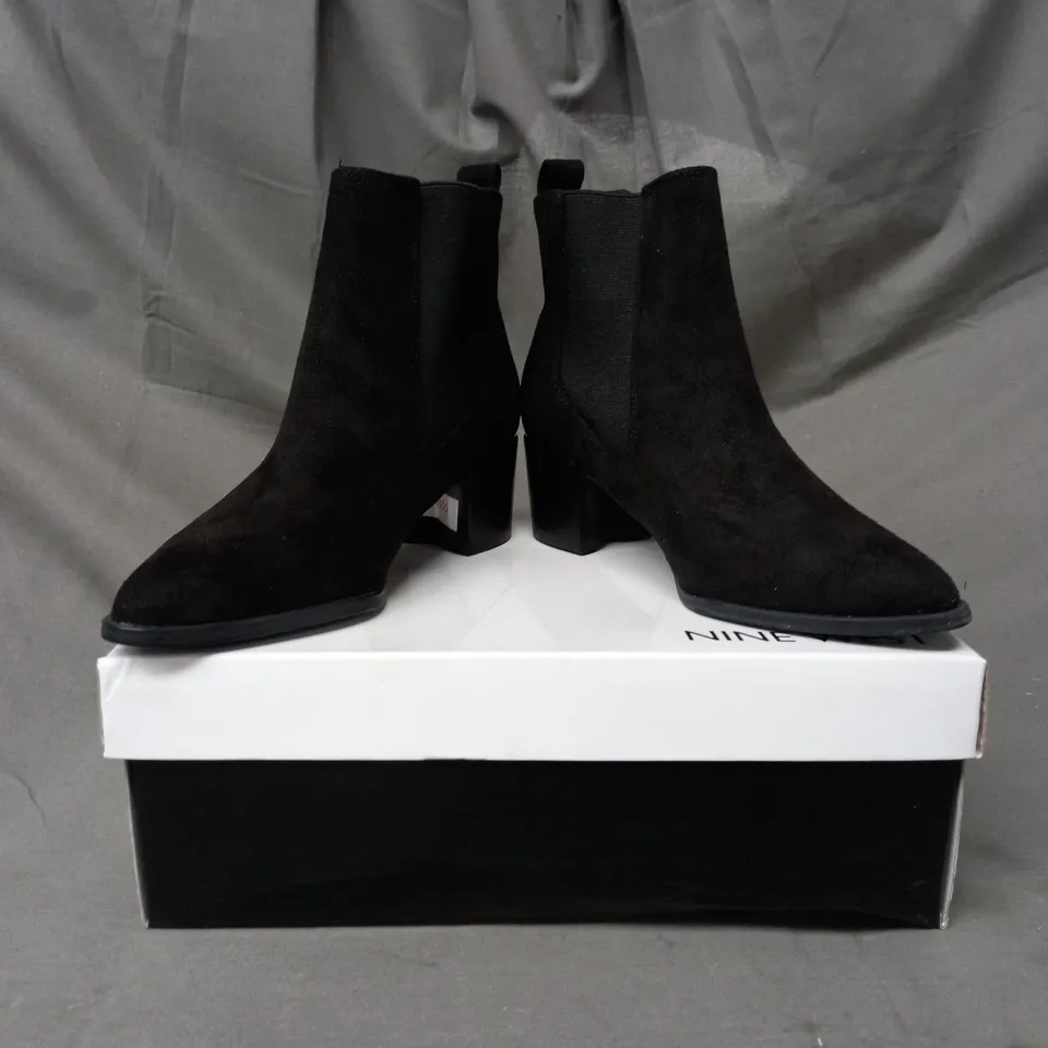 BOXED PAIR OF NINE WEST TAY SUEDETTE ANKLE BOOTS IN BLACK EU SIZE 35