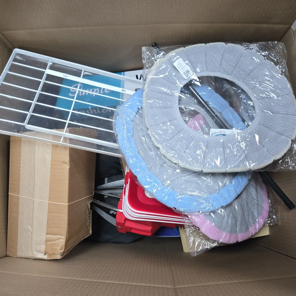 BOX OF APPROXIMATELY 15 ASSORTED HOUSEHOLD ITEMS TO INCLUDE - GEEETECH 3D PRINTER FILAMENT, SKY WIFI BOX, AND FLOW HEADSET PADS ETC. 