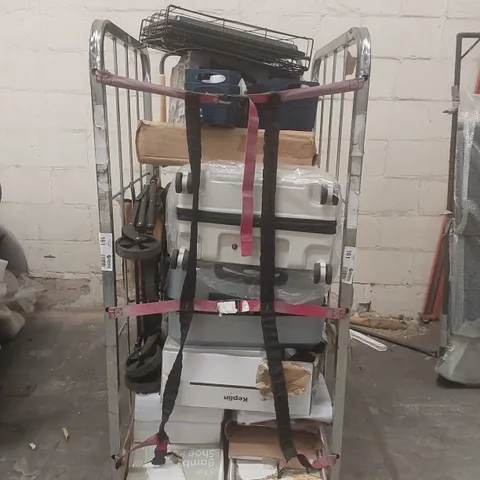 CAGE CONTAINING A LARGE QUANTITY OF ASSORTED ITEMS INCLUDING: AIR FRYER, SUITCASES, BAMBOO SHOE RACKS ECT // CAGE NOT INCLUDED