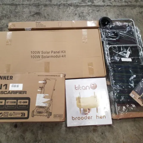 PALLET CONTAINING ASSORTED PRODUCTS INCLUDING CHAIR MAT, SOLAR PANEL KIT, 2IN1 LAWN SCARIFIER, BROODER HEN & 4 WHEEL SHOPPING TROLLEY