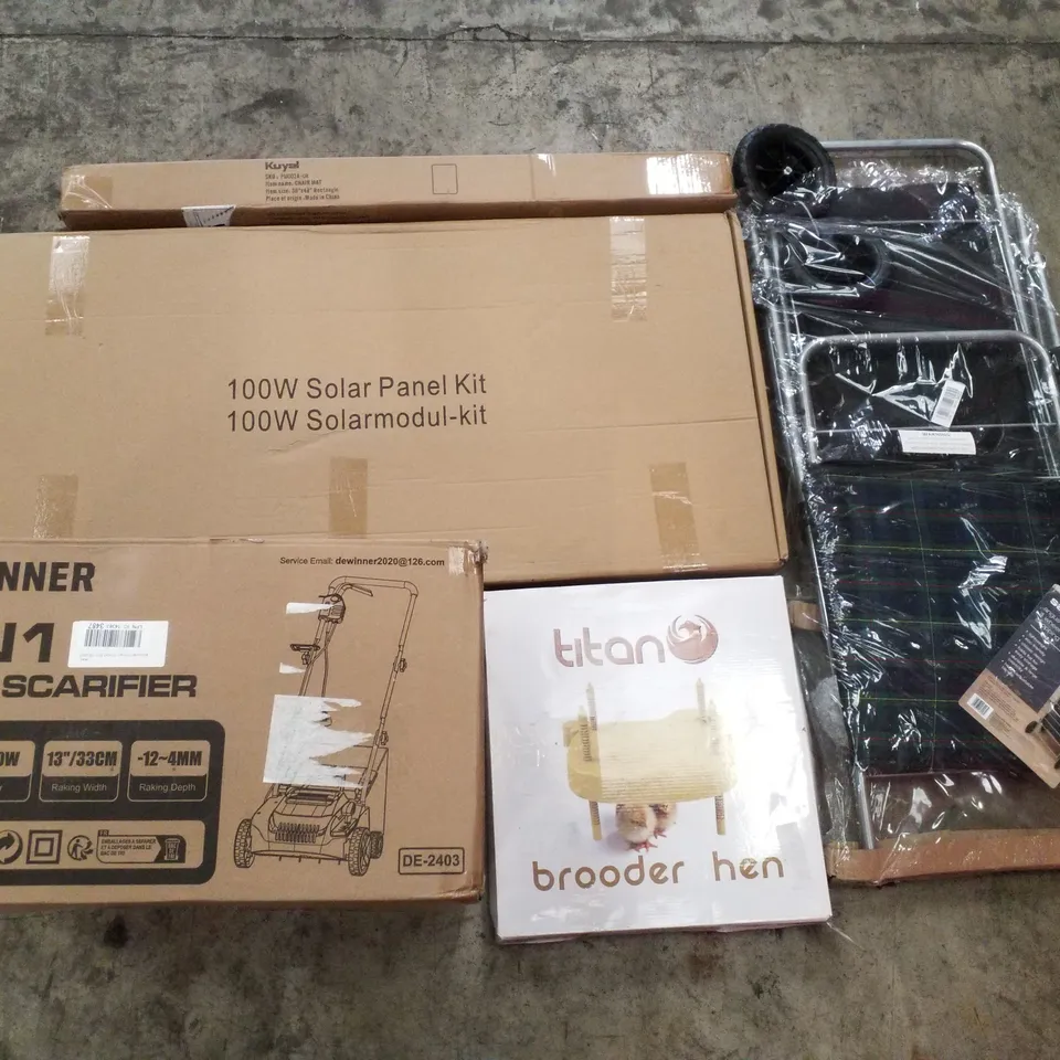 PALLET CONTAINING ASSORTED PRODUCTS INCLUDING CHAIR MAT, SOLAR PANEL KIT, 2IN1 LAWN SCARIFIER, BROODER HEN & 4 WHEEL SHOPPING TROLLEY