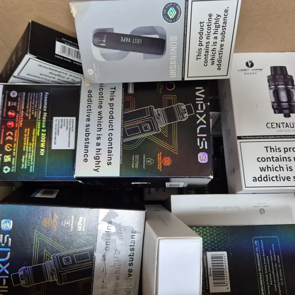 BOX OF APPROXIMATELY 20 ASSORTED VAPING ITEMS AND PRODUCTS TO INCLUDE LOST VAPE, FREEMAX, ETC