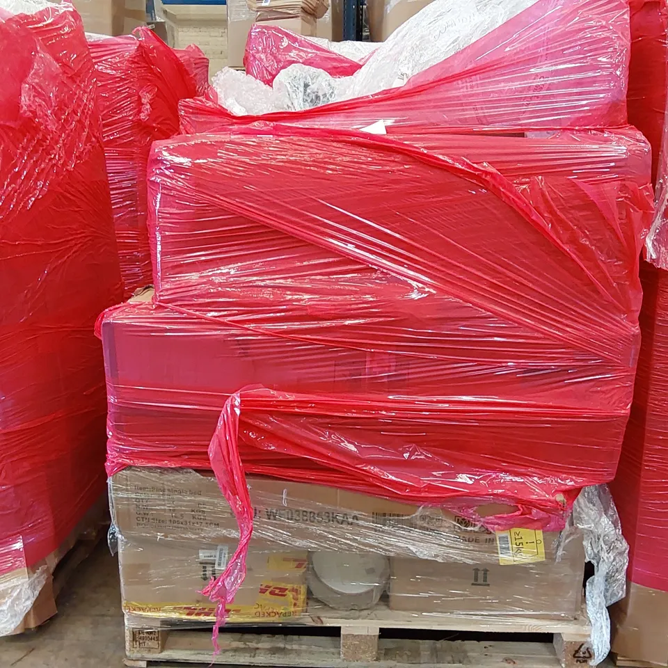 PALLET OF ASSORTED ITEMS INCLUDING: FOX AND GREY ACTIVE MEMORY 3FT MATTRESS, EXERCISE BIKE, PINE WHITE SINGLE BED