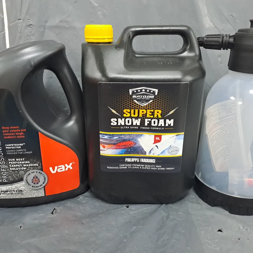 TOTE OF APPROXIMATELY 3 ASSORTED LIQUIDS TO INCLUDE - BLITZ CLEAN SUPER SNOW FOAM , VAX CARPET SOLUTION ETC