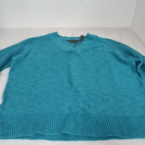 RUTH LANGFORD TEAL KNIT SWEATER – MEDIUM, V-NECK