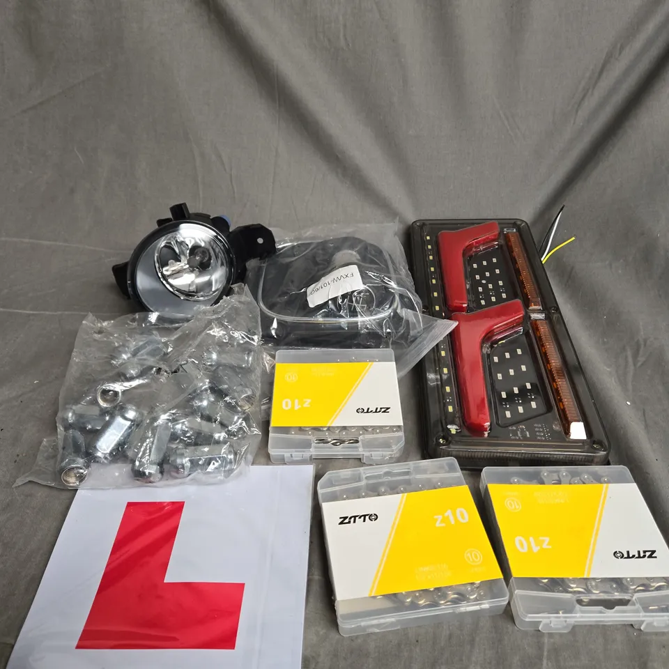 APPROXIMATELY 10 ASSORTED VEHICLE PARTS TO INCLUDE LEANERS PLATE, BIKE CHAINS AND NUTS AND BOLTS