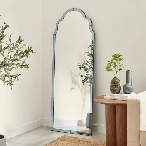 BOXED OPALINE BLUE ORNATE FULL LENGTH ARCH WALL MIRROR (1 BOX)