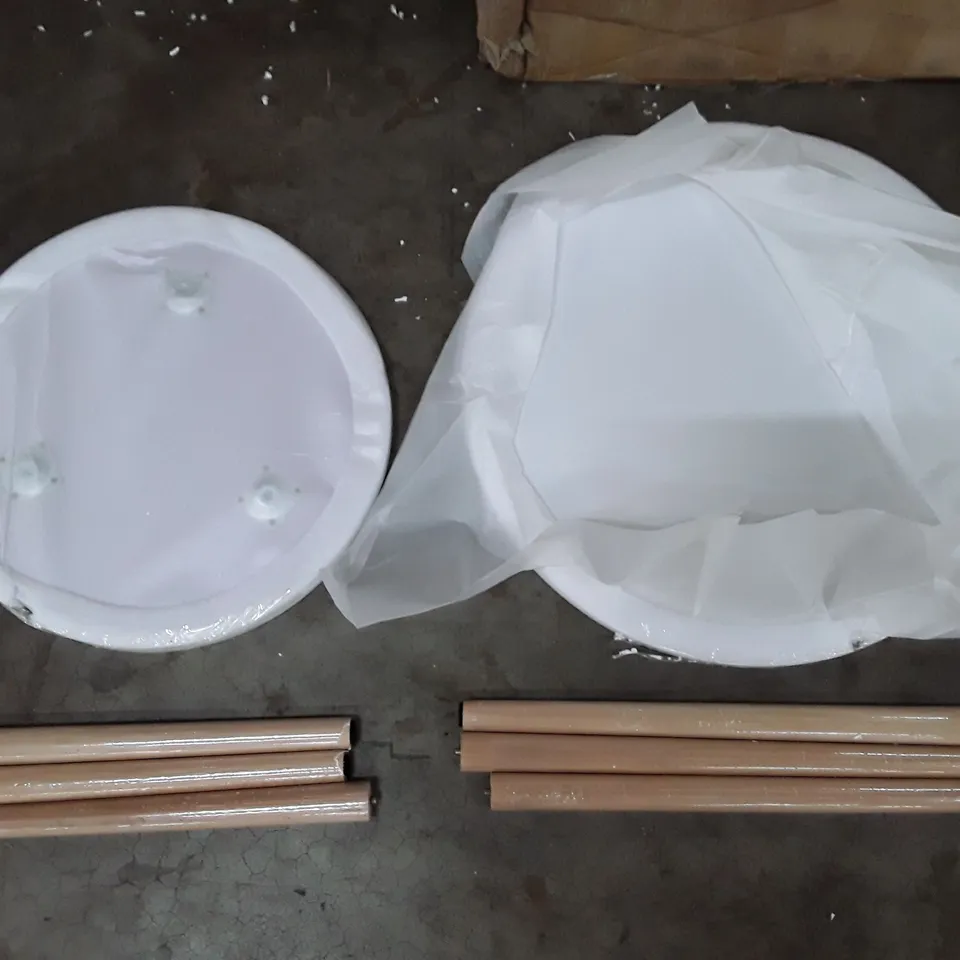 BOXED SET OF 2 ROUND BEDSIDE TABLES - WHITE BASE/OAK LEGS