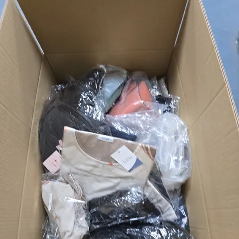BOX OF APPROXIMATELY 25 ITEMS OF CLOTHING IN VARIOUS STYLES , SIZES AND COLOURS