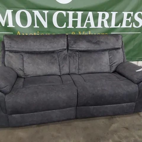DESIGNER POWER RECLINING THREE SEATER SOFA CHARCOAL FABRIC WITH BLACK PIPING