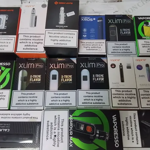 LOT OF ASSORTED E-CIGS AND PARTS TO INCLUDE VAPORESSO, GEEKVAPE AND ASPIRE