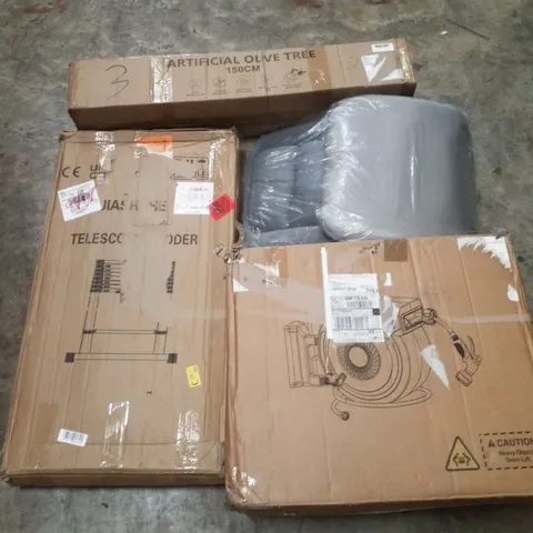 PALLET CONTAINING ASSORTED PRODUCTS INCLUDING ARTIFICIAL OLIVE TREE, TELESCOPIC LADDER, ORTHOPEDIC BACK SUPPORT & GARDEN HOSE REEL